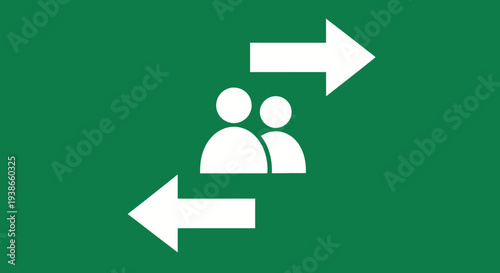 People Icons with Opposing Arrows on Green Background, Evacuation Exit or Directional Signage