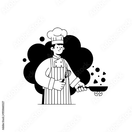 Chef cooking line art illustration for food design or cooking class vector illustration or simple chef character preparing food for restaurant menu illustration