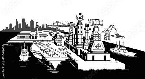 Naval Port with Warships and City Skyline, Military Seaport Illustration