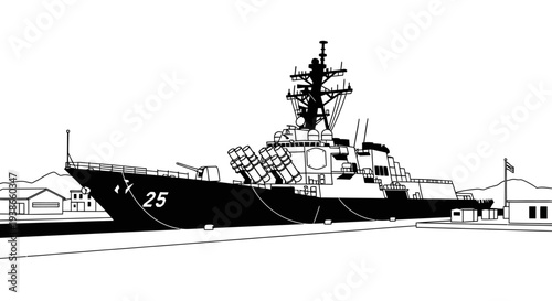 Modern Naval Destroyer Warship Docked at Port, detailed military vessel outline, black and white in bright studio.
