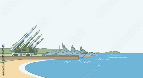 Coastal Military Base with Missile Launchers and Warship, depicting naval defense readiness by the sea.