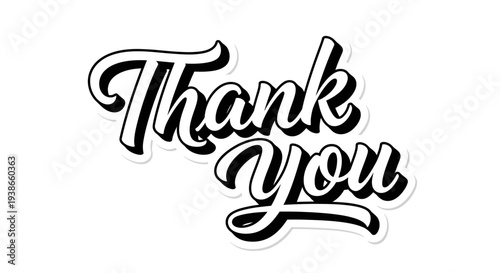 Stylish Hand-drawn "Thank You" Lettering with Shadow Effect, expressing gratitude, isolated white background.