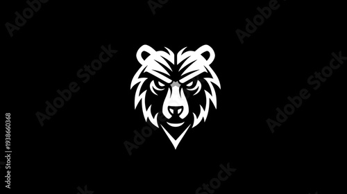 A stylized illustration of a bear's head in white on a black background, with sharp details