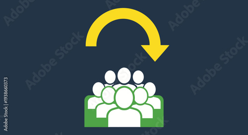 Group of People Icon with Yellow Curved Return Arrow, representing feedback or rejoining, on dark blue background.