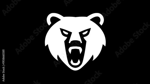 A fierce white bear head with an open mouth, showcasing sharp teeth, on a solid black backdrop