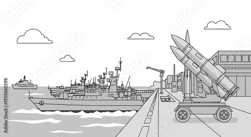 Military Naval Base with Warships and Missile Launchers Docked, line art illustration in bright studio.