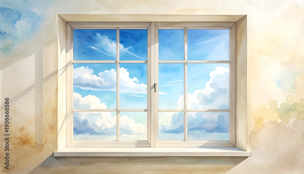 Fototapeta premium Large window with blue sky clouds view illuminating calm minimalist interior space