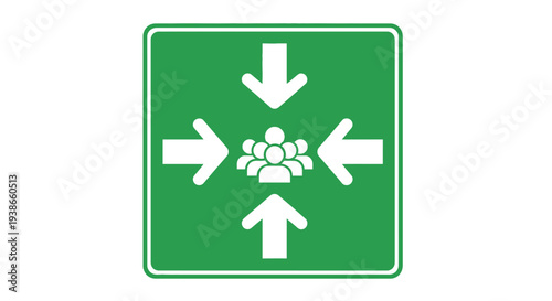 Green Assembly Point Sign with Group of People and Arrows for Evacuation, Isolated White Background.