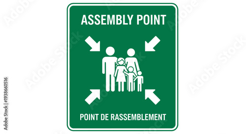 Green Assembly Point Sign with People, Arrows, and Bilingual Text, Isolated White Background.