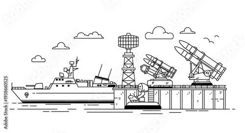 Military Naval Ship Docked with Missile Launchers and Radar Tower Line Art, Warship Defense Port Illustration on Isolated White Background
