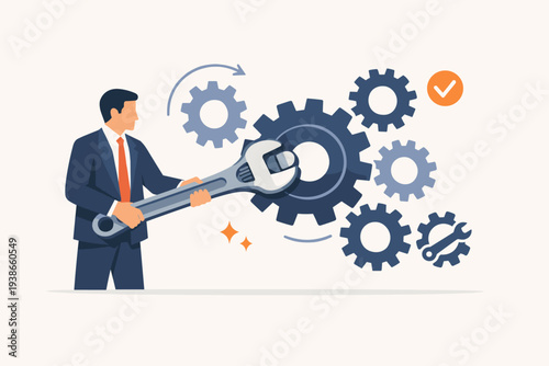 Businessman using a large wrench to adjust gears for business optimization, process improvement, and system maintenance, illustrating technical repair, workflow efficiency, and problem solving.
