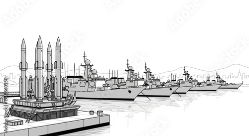 Military Warships in Harbor with City Skyline Line Art, Navy Fleet Docked Illustration on Isolated White Background