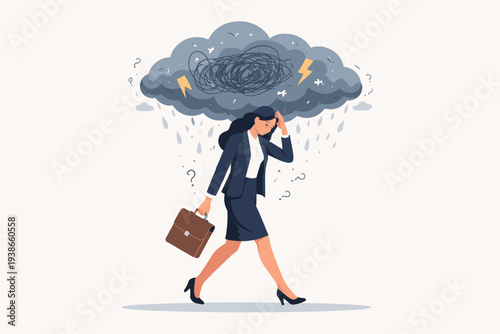 Stressed Businesswoman Walking Under a Dark Storm Cloud Representing Brain Fog, Mental Health Struggles, Work Anxiety, and Depression; Concept of Professional Burnout, Confusion, and Distress