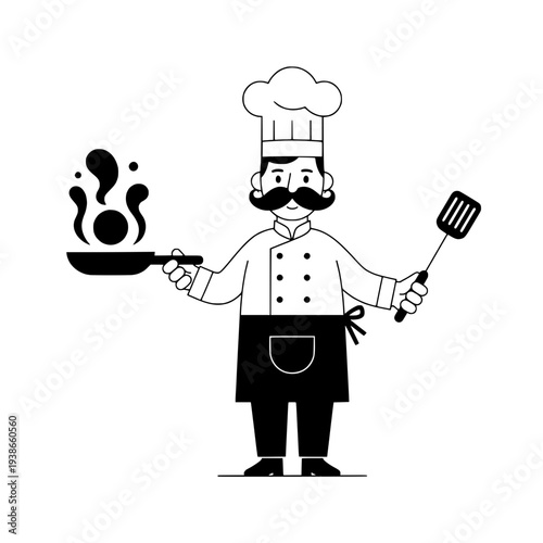 Chef illustration for culinary themed projects or black and white cooking graphic element or cooking illustration for chef design templates