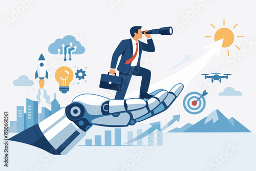 Businessman standing on a giant robotic hand looking through a telescope towards a bright sun, symbolizing AI-driven business success, future growth, innovation, and human-robot collaboration.