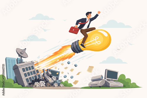 Entrepreneur Riding a Lightbulb Rocket Soaring Above Outdated Technology, Representing Disruptive Innovation, Revolutionary Business Ideas, Creative Thinking, and Successful Startup Growth