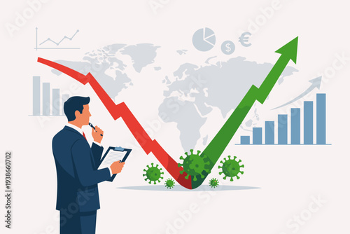 Businessman Analyzing Economic V-Shape Recovery After Coronavirus COVID-19 Market Crash, Global Financial Growth Concept with World Map, Bar Charts, and Rising Green Arrow for Business Success.