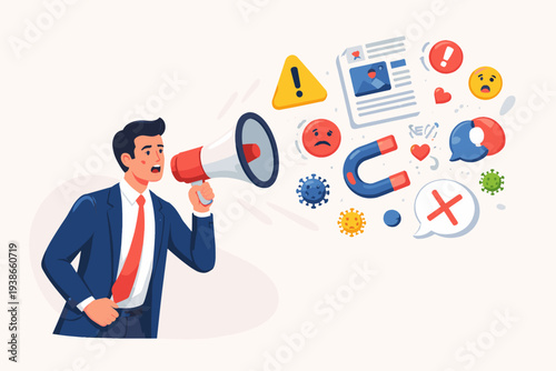 Businessman Shouting into Megaphone Spreading Fake News, Misinformation, and Viral Content on Social Media with Icons of Viruses, Warning Signs, and Emojis. Digital Propaganda and Media Influence.