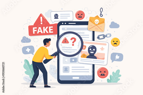Man examining fake news and false information sharing on social media with a magnifying glass, concept of digital literacy, internet safety, hoax, lies, censorship, and phishing on a smartphone.