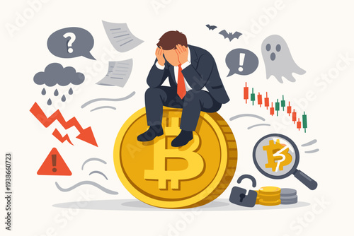 Stressed Businessman Sitting on Bitcoin Coin Feeling Anxious Due to FUD Fear Uncertainty and Doubt in Cryptocurrency Market Trading with Falling Prices Bear Market Crash and Negative News Concept
