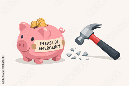 Pink piggy bank with gold coins and "In Case of Emergency" sign next to a hammer, symbolizing financial safety net, emergency fund for crisis, savings for job loss, accident, or medical expenses.