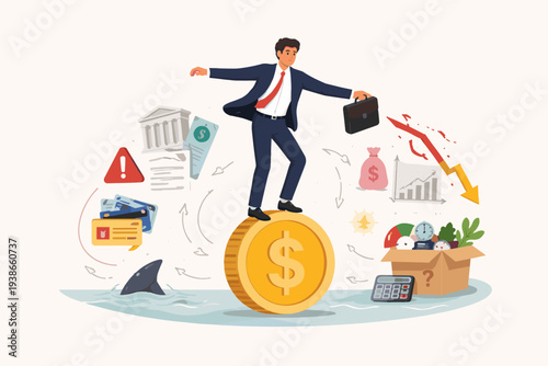 Businessman Balancing on a Large Dollar Coin Amidst Financial Crisis and Business Risk, Representing Economic Instability, Debt, Market Crash, and Investment Challenges in a Volatile Global Market