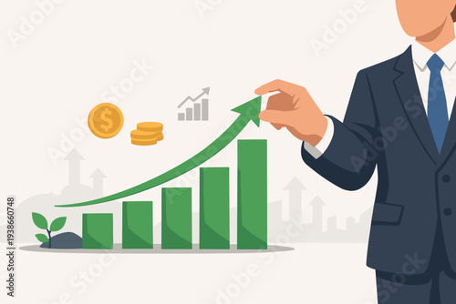 Businessman in a suit pointing at a rising green bar chart with an upward arrow, symbolizing financial growth, profit increase, capital gain, investment success, and market domination strategy.