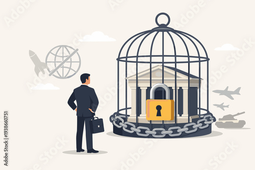 Financial Sanctions and Disconnection from SWIFT International Money Transfer System, Bank Lockdown and Transaction Ban Concept with Businessman Looking at Bank Building in a Locked Birdcage