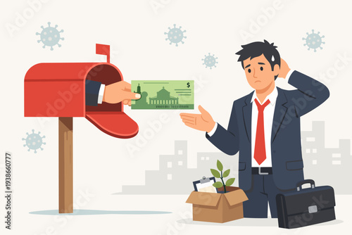 Government Stimulus Check for Unemployed Man During COVID-19 Pandemic Crisis. A Hand from a Mailbox Giving Money to a Worried Businessman Who Lost His Job. Economic Relief and Financial Help.