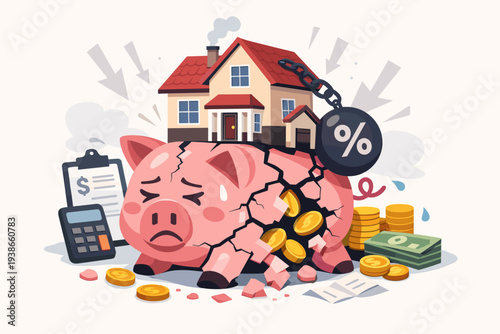 High Mortgage Interest Rates and Housing Costs Concept with Heavy House Breaking a Piggy Bank, Financial Debt, Real Estate Market Crisis, Economic Burden, and Money Loss Vector Illustration.