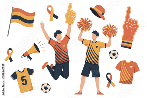 A vibrant illustration of two soccer fans celebrating with various team spirit accessories on transparent background