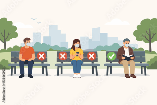Social Distancing in Public Park During COVID-19 Pandemic, People Wearing Protective Face Masks Sitting on Benches with Distance Markers, New Normal Lifestyle Concept Vector Illustration Art