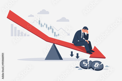 Businessman Sitting on Falling Red Arrow Symbolizing Stock Market Crash and Financial Crisis, Depressed Investor Facing Cryptocurrency and Forex Price Decline in a Bear Market Concept Illustration