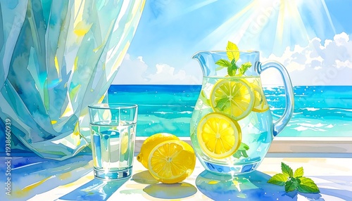 Lemonade pitcher with fresh lemon slices and glass placed near sunny seaside window view