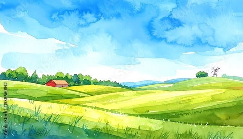 Sunny agricultural landscape with rolling green fields stretching under expansive blue sky