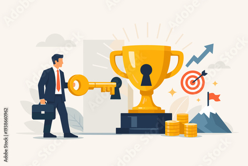 Businessman holding a golden key to unlock success and achievement. Concept illustration of a professional man finding the solution to reach goals, winning a trophy, and attaining financial growth.
