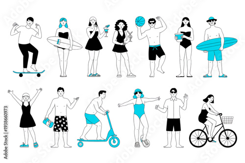 A colorful vector graphic illustration of people enjoying summer activities on transparent background