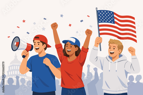 Diverse Group of Young American Voters Celebrating US Presidential Election Results with Megaphone and Flag in Front of the Capitol Building, People Cheering for Democracy and Political Victory.
