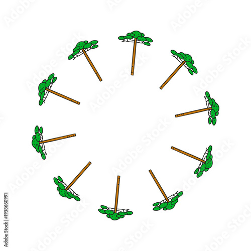 Cute round frame with doodle araucaria trees isolated on white background.
