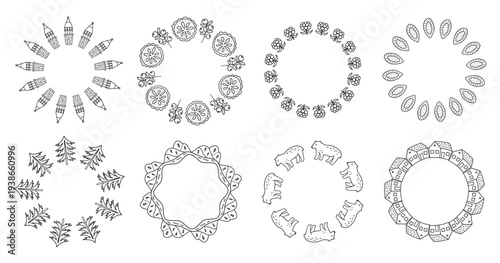 Set of cute round wreaths with doodle outline Karelian icons isolated on white background.