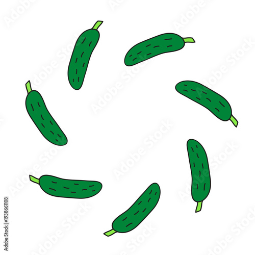 Cute round wreath with doodle cucumbers isolated on white background. Fresh farm summer vegetables in circle shape. Natural vector illustration.