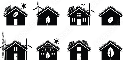Cozy winter houses with energy sources vector icon set flat design illustration scalable