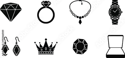 Elegant jewelry and royal accessories flat design vector icon set, minimalist black and white scalable illustration