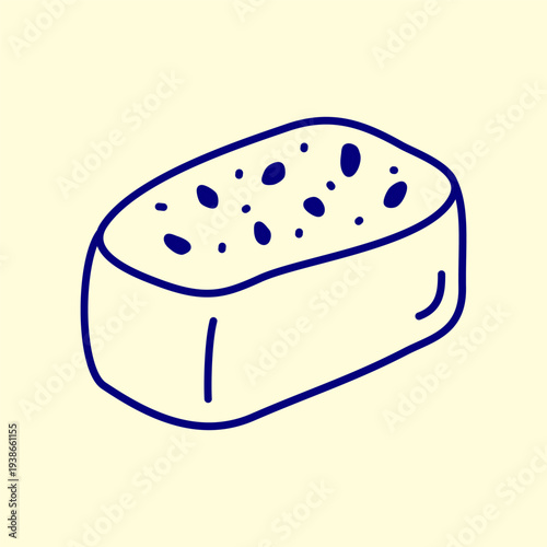 Cute hand drawn wholesome square shaped bread with seeds in Mediterranean style isolated on pastel background. Modern outline pastry for breakfast, cafe, bakery, packaging, posters, etc.