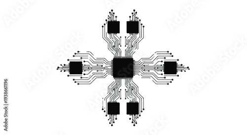 Symmetrical circuit board design with central black square and modern technical pattern for electronics and technology concepts