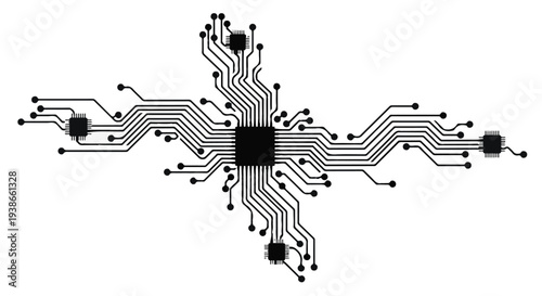Circuit board design with microchip and wires, electronic component, technology concept, modern, innovative, technical illustration