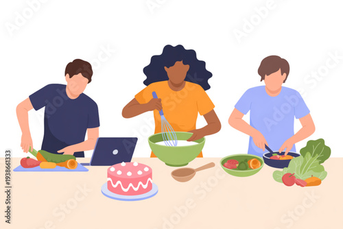 A colorful illustration of three people cooking together in a kitchen with a laptop and various food items on the table on transparent background