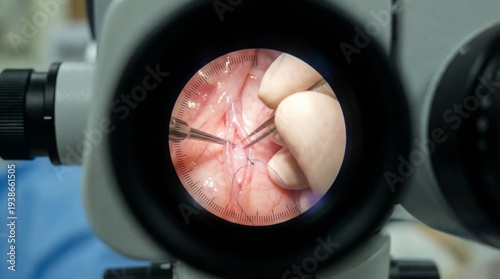 Surgical microscope view of a delicate microsurgery procedure in progress.