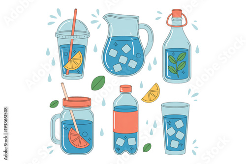 A colorful vector illustration of various refreshing drinks and bottles on transparent background