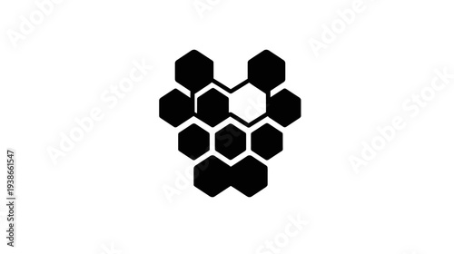 Black and white abstract graphic with interconnected hexagonal shapes. White background